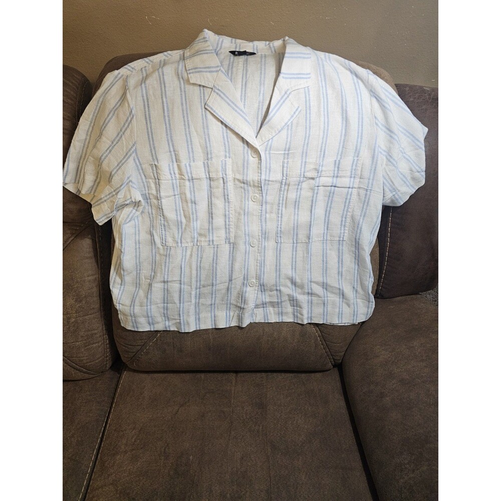 Buffalo David Bitton Linen Button Shirt Womens Large White Blue Striped Pockets